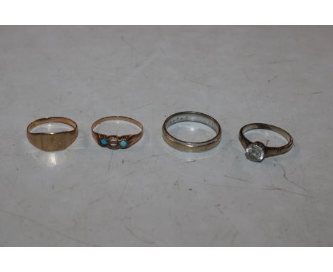A 9ct gold ring, a yellow metal ring (lacking stone), a white metal ring and another white metal ring set with solitaire whit