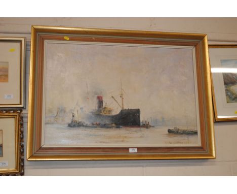 Ian Harrison, oil on canvas, busy shipping scene