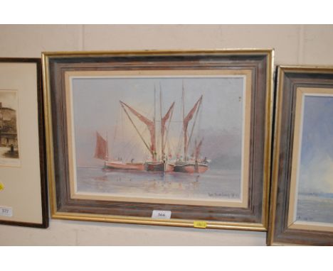 Ian Harrison, oil on board study of river barges 