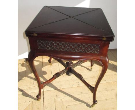 Edwardian mahogany envelope card table, swivel baize lined top with blind fret frieze including one drawer on slender cabriol