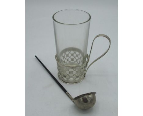 Geo.III hallmarked Sterling silver toddy ladle with ebonised handle (marks rubbed), London, 1804, L19cm, and a coffee glass w