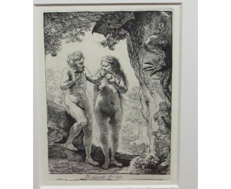 After Rembrandt: Adam &amp; Eve beside the apple tree, monochrome etching, reprint, 16cm x 11cm 