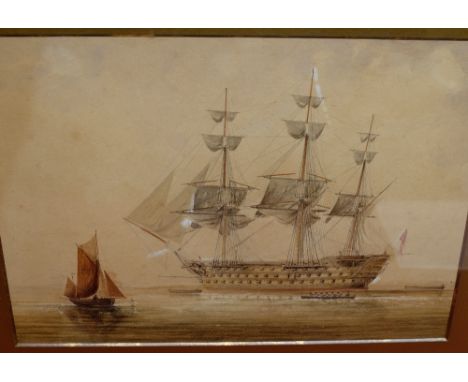 David Hall Collection - English School (early C19th); British Naval Scene depicting First Rate Ship of the Line and tender, w