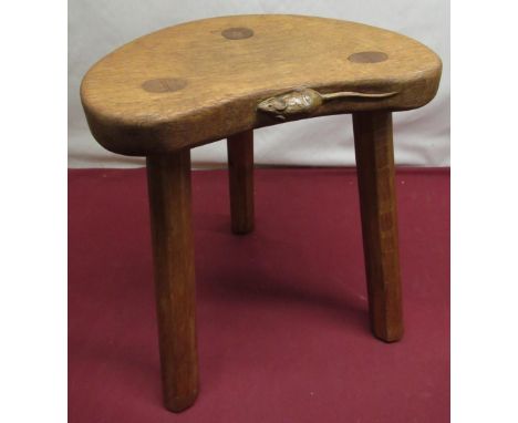 Robert Mouseman Thompson - Oak calf stool, kidney shaped top on three octagonal tapering supports, carved with signature mous