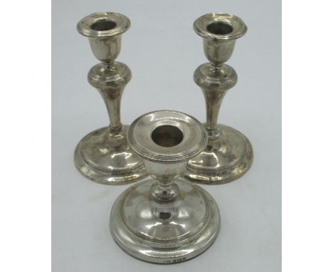 Pair of Geo.V hallmarked Sterling silver candlesticks with knopped columns on circular bases, by W J Myatt &amp; Co, Birmingh