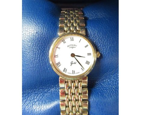 Ladies Rotary 9K Gold quartz wristwatch, 9ct gold case on integral tapering bracelet, clasp stamped 375, white enamel dial se