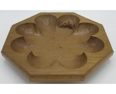 Robert Mouseman Thompson - Octagonal fruit bowl, segmented interior carved with signature mouse, D31cm 