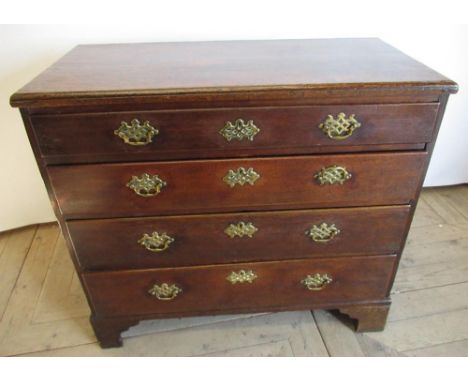 Small Geo. III oak chest with moulded top above four long drawers with brass handles, on shaped bracket feet, W87cm D42cm H78
