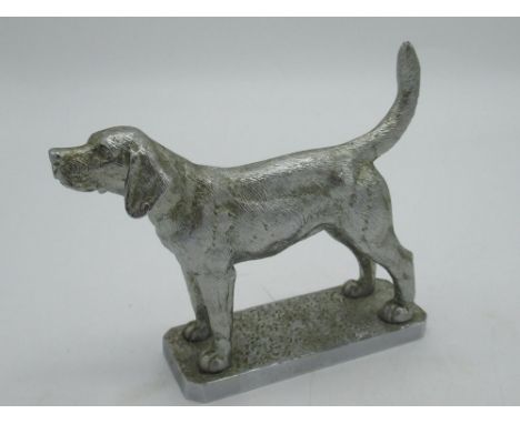Louis Lejeune Ltd chromed cast metal hunting Hound car bonnet mascot, stamped on rectangular base, H11cm max 