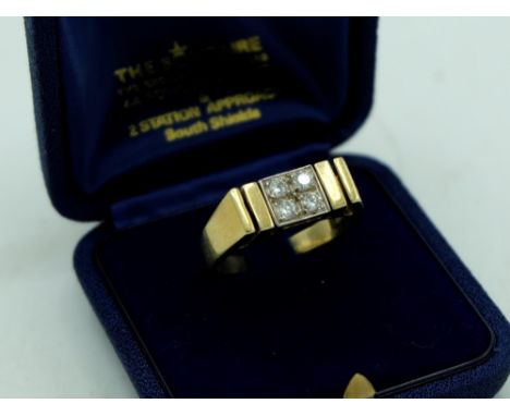 Hallmarked 18ct yellow gold Gents dress ring with four round cut diamonds to centre by S &amp; D, 750, Birmingham, 1977, size