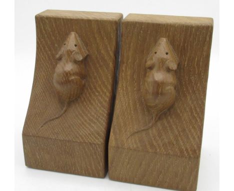 Robert Mouseman Thompson - Pair of oak bookends, adzed bases carved with signature mice, W8.5cm D9cm H15cm (2) 