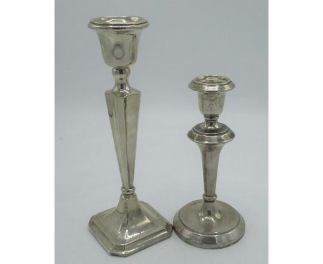 Geo.V hallmarked Sterling silver candlestick with square tapering column and base by Henry Williamson Ltd, Birmingham, 1923 H