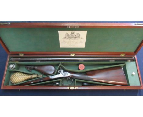 Mahogany cased John Manton &amp; Son 14B percussion cap side by side shotgun, with 31" Damascus barrels, broad top rib engrav