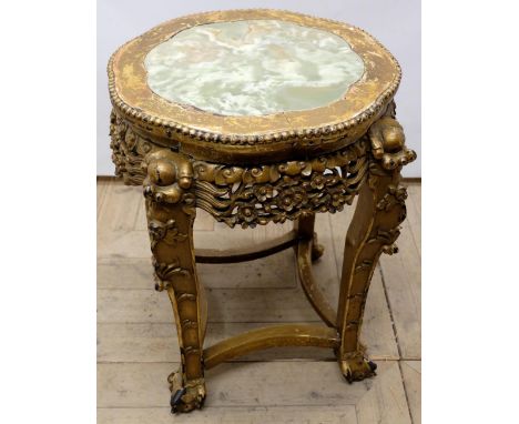 Early C20th Chinese hardwood jardinière stand, the shaped top with inset green onyx panel, floral pierced frieze on angular c