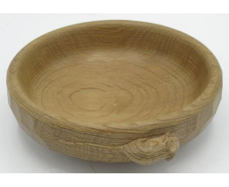 Robert Mouseman Thompson - Small circular oak bowl with adzed exterior, carved with signature mouse, D15cm 