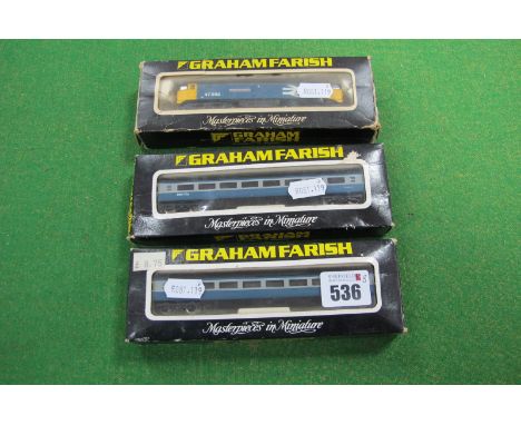 Graham Farish 'N' Gauge Class 47 - 'County of Hertfordshire'. Plus two MKIII BR Coaches, all boxed.