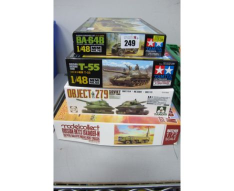 Four Russian Based Military Kits, Tamiya 1:48 scale  armored car BA-64B, Tamiya 1:48 scale T-55 tank, MIG 1:72 scale object 2