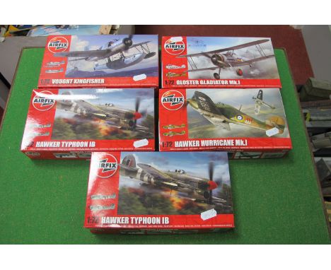 Five Plastic 1/72nd Scale Aircraft Kits by Airfix, including Vought Kingfisher and Hawker Typhoon, all appear unstarted, all 