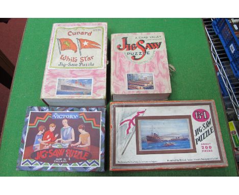 Four Pre-War Wooden Jigsaw Puzzles, by Victory and Chad Valley, Cunard - 'White Star' noted, all boxed, unchecked.