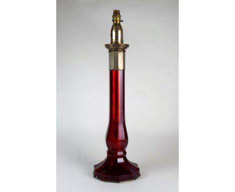 A Palmer & Co patent rose glass column lamp base with polished brass mounts and single rose fitting.  63cm high