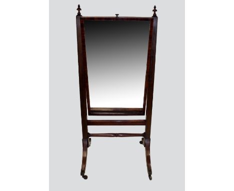 A 19th century mahogany ebony line strung cheval dressing mirror, the rectangular mirror plate between two rectangular uprigh