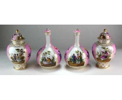 A garniture of four Dresden porcelain vases and covers, late 19th century, attributed to Helena Wolfsohn, each printed and pa