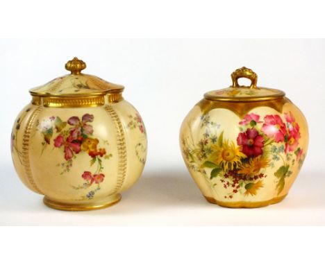 A Royal Worcester lobed vase and cover, circa 1904, blush ivory ground printed and painted with pink and yellow flowers, 17cm