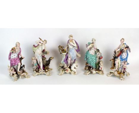 A group of five Meissen figures allegorical of the senses, late 19th century, after the originals by J.J. Kaendler, comprisin