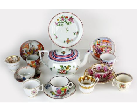 A collection of New Hall teawares, circa 1800, comprising a pattern 22 teapot, cover, possibly associated (cracked), 13cm hig