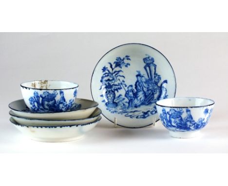 Four Caughley saucers, circa 1785, transfer-printed in blue with the Bell Toy pattern between a single blue line rim, saucers