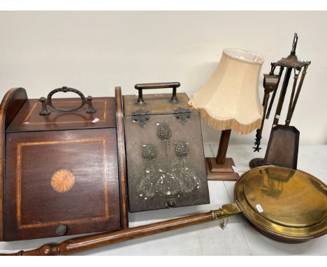 Two Edwardian coal boxes, oak table lamp, fireside companion set, Community Plate cutlery, etc.