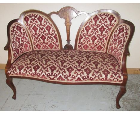 Edwardian boxwood strung and inlaid mahogany salon sofa, fleur-de-lys back on cabriole legs, W133cm H94cm