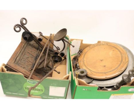 Collection of metalware incl. pewter cups; candlesticks; metal tealight holders; P. Dumaine travel scale; other similar metal
