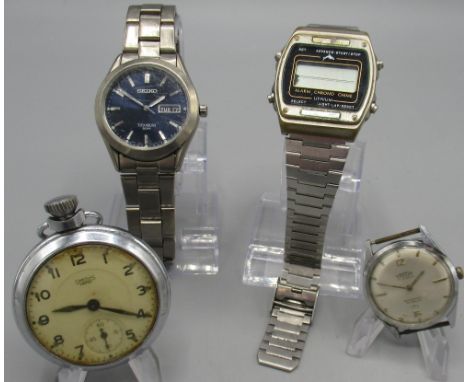 Seiko 50M titanium quartz wristwatch with day date on matching bracelet, signed sunburst blue dial applied baton indices, cen