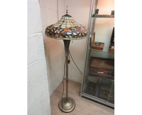 Liberty style floor lamp, coloured glass effect shade on painted metal column on stepped circular base, H160cm