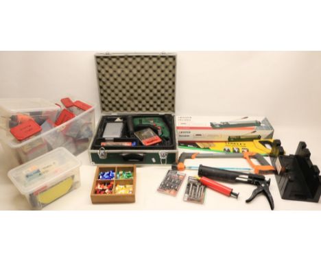 Collection of tools, to include cased BOSCH Xcel PSB drill with fittings, Parkside tile cutter, other tiling tools, saw x2, a