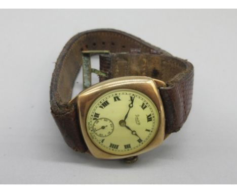 Limit III presentation 9ct rose gold cushion wristwatch, signed white enamel Roman dial, subsidiary seconds, Dennison three p