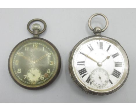 WWII British Military Issue G.S.T.P. plated keyless pocket watch, black enamel Arabic dial, subsidiary seconds, snap on case 