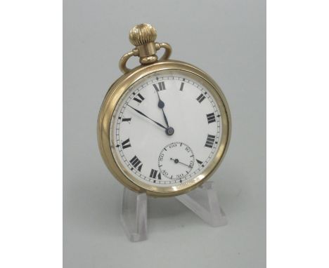 Record rolled gold keyless pocket watch, white enamel Roman dial, subsidiary seconds, Dennison Watch Case Co. Ltd. Star case 