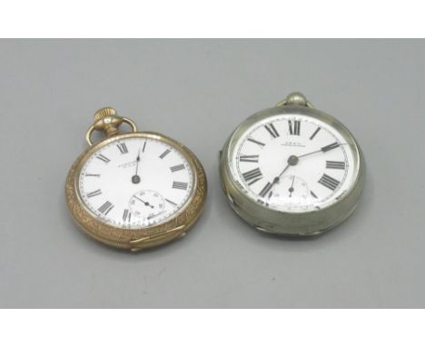 New York Standard Watch Co., rolled gold keyless pocket watch, signed white enamel Roman dial, subsidiary seconds, engraved P