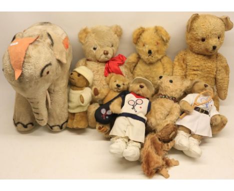 Collection of vintage teddy bears including merrythought bear, vintage stuffed circus elephant, two Metro teddy bears in tenn