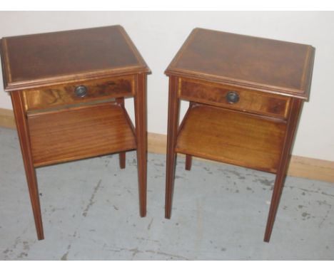 Pair of inlaid mahogany two-tier single drawer lamp tables, on square supports, marked Remploy with Broad Arrow, W42cm D34cm 
