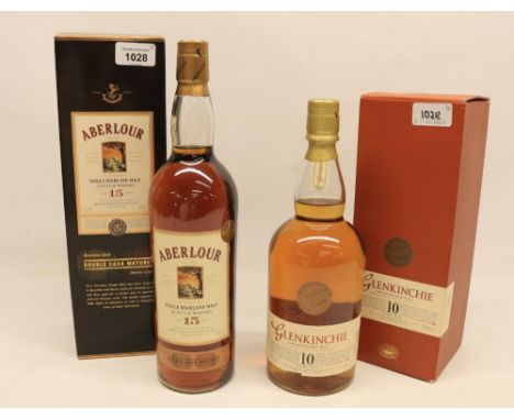 Glenkinchie, the Edinburgh malt, lowland scotch whisky, 10 years old, 100cl, in a box and Aberlour, single highland malt scot