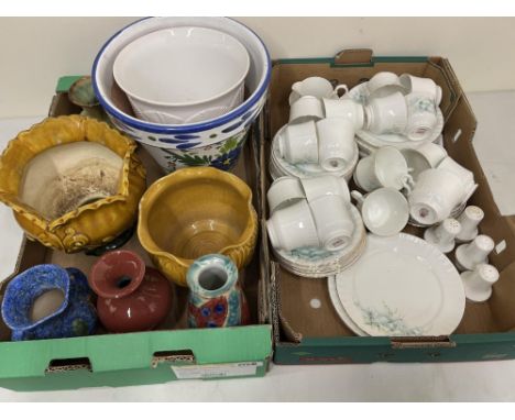 Bretby twin handled vase, spongeware decoration, impressed no. 3362, H14cm; jardinières; vases, Royal Stafford teaset and dec