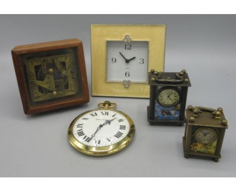 Two miniature brass quartz carriage clock timepieces, H8cm max; cased brass sundial compass, W10cm; Trendsetter large brass k