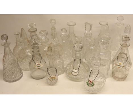 Large collection of cut glass decanters, and four ceramic decanter labels (3 boxes)