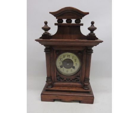 Continental early 20th Century walnut 8 day mantle clock, 5 3/4" dial, Arabic chapter ring, two train movement striking on a 