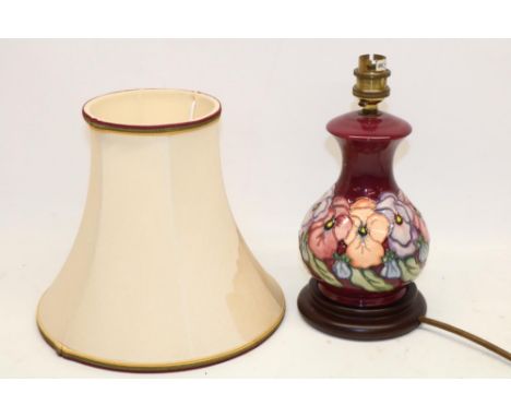 Rachel Bishop for Moorcroft, Pansies pattern baluster form table lamp with shade, H25cm incl. fitting, shade A/F