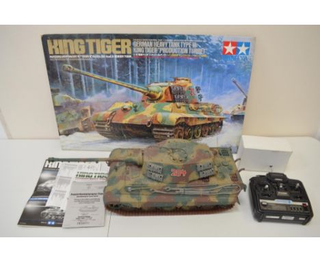 Tamiya 1/16 scale King Tiger with fitted DMD control and multi function units, with instructions, spare parts and a Futaba Sk