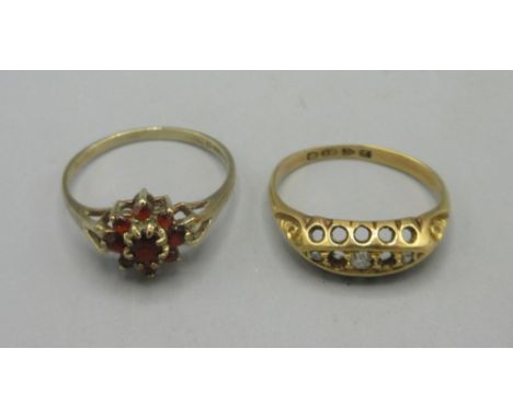 9ct yellow gold red stone cluster ring, size N, 1.36g, and an 18ct yellow gold ring missing stone, size K, 2.30g